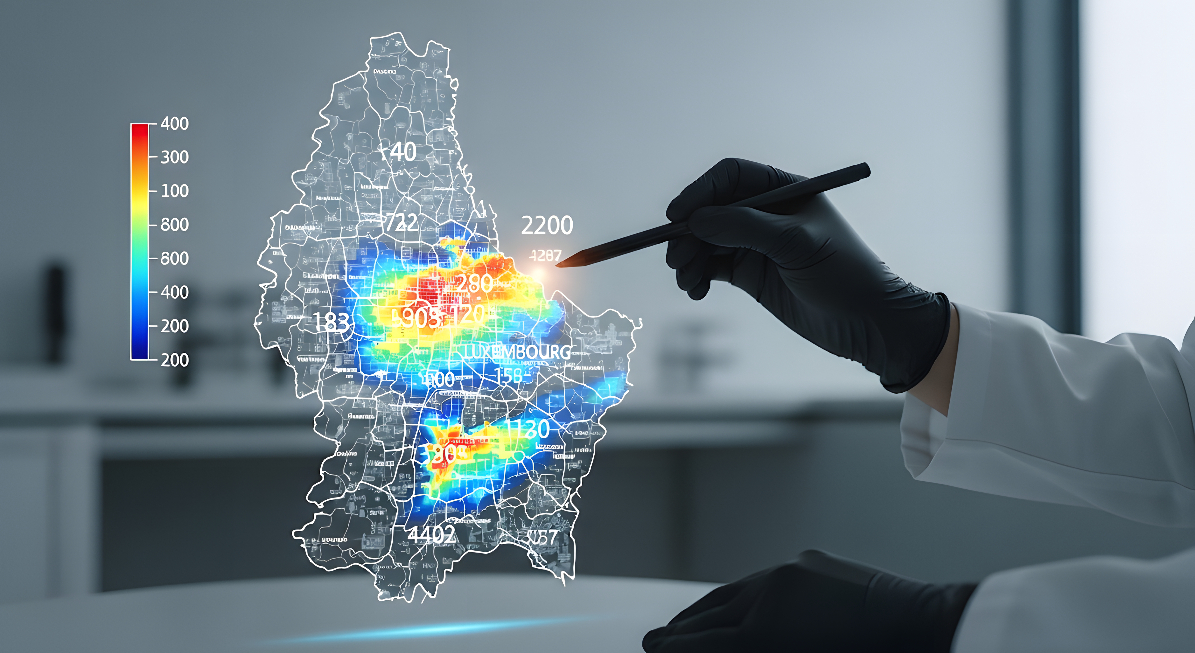 una mappa holografica del Lussemburgo ambientata all'interno di un laboratorio che mostra una heatmap esemplificativa di misurazione del radon